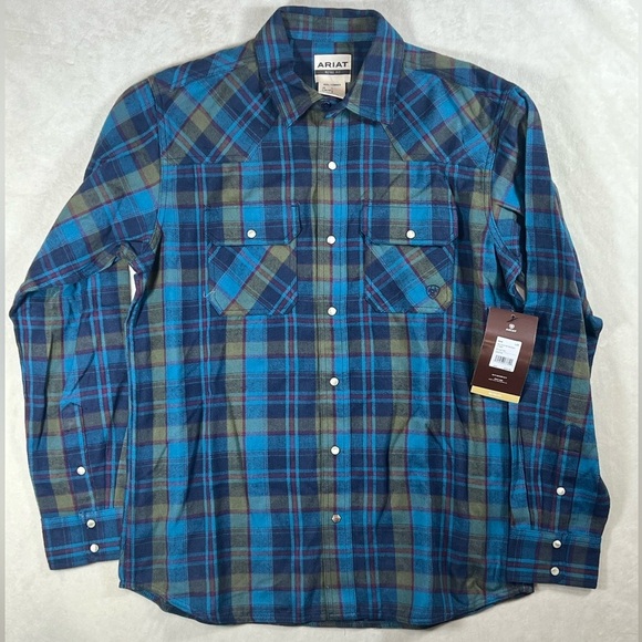 NWT Ariat L Blue Green Casual Retro Fit Plaid Pearl Button Snap Flannel Shirt - Picture 1 of 8
